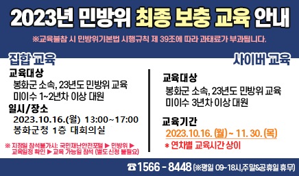 2023년 민방위 최종 보충 교육 안내※ 교육불참 시 민방위기본법 시행규칙 제 39조에 따라 과태료가 부과됩니다.집합교육교육대상 : 봉화군 소속, 23년도 민방위 교육 미이수 1~2년차 이상 대원일시/장소 : 2023. 10. 16.(월) 13:00 ~ 17:00 봉화군청 1층 대회의실※ 지정일 참석불가시 : 국민재난안전포털 ▶ 민방위 ▶ 교육일정 확인 ▶ 교육 가능일 참석(별도 신청 불필요)사이버 교육교육대상 : 봉화군 소속, 23년도 민방위 교육 미이수 3년차 이상 대원교육기간 : 2023. 10. 16.(월) ~ 11.30.(목)* 연차별 교육시간 상이☎ 1566-8448(※ 평일 09~18시, 주말 & 공휴일 휴무)